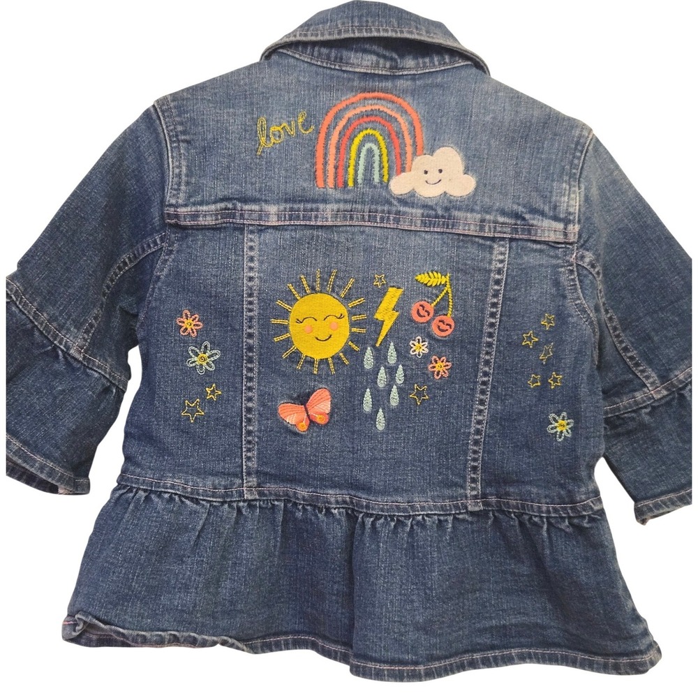 Hatley Girls Blue Denim Peplum Jacket Embroidered Rainbow Sun Butterfly Size 6